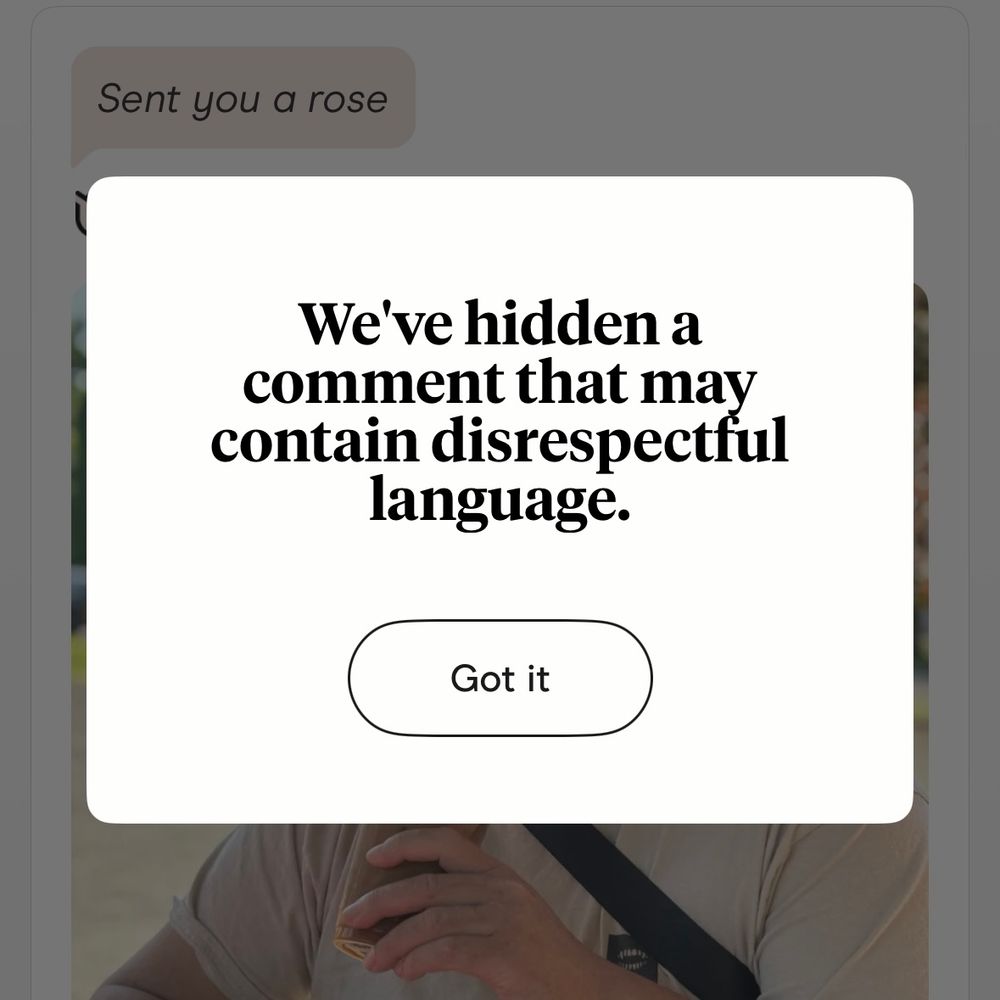 A screenshot of a pop up message on the Hinge dating app that says “we’ve hidden a comment that may contain disrespectful language.” Underneath is a button to click that says “Got it”