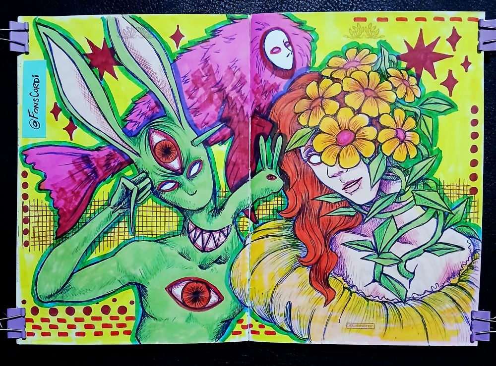 Sketchbook spread made with markers, highlighters and biro pen. Is a mix of surreal creatures including a furry pink fish with human face in the background, a 2 headed cyclops green bunny and a lady with flowers growing from her head.
