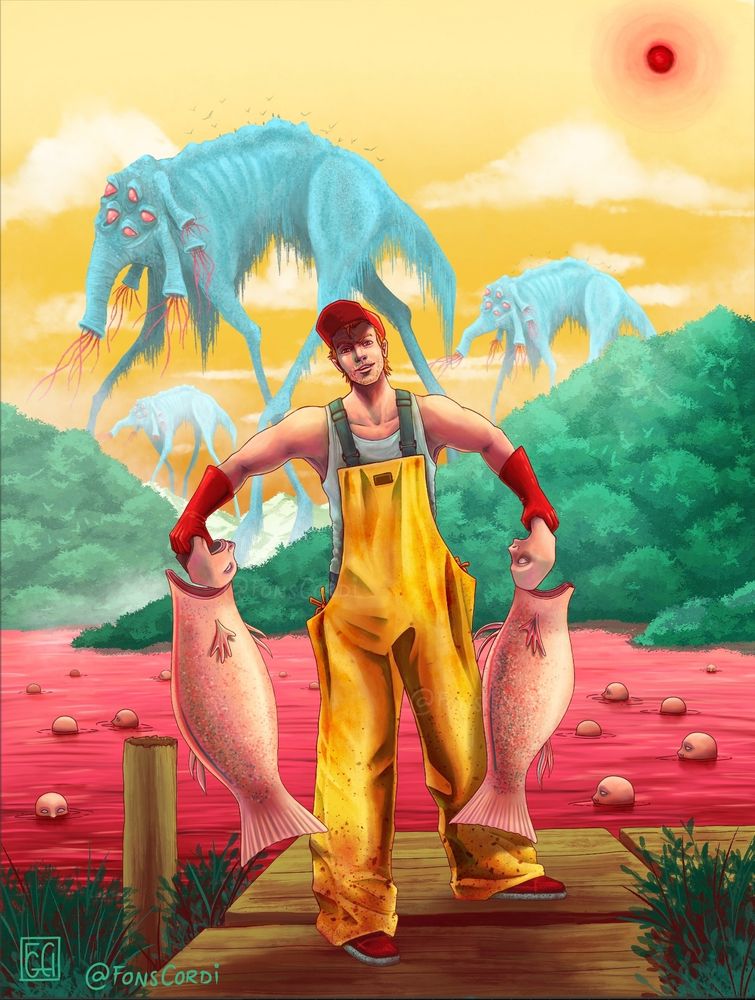 "The fisherman by the lake"
"See? Told you we should wait for migration season! These nosey guys can't resist to see what's going on. No need for lures nor nets! Easy catch!"
____
A fisherman is holding two big creatures with the body of a fish and the face of a human. He's standing by a lake with red water, more human-face fishes are poking their head out the lake. In the distance 3 giant eldrich creatures walk among the mountains below a yellow sky with red sun.
