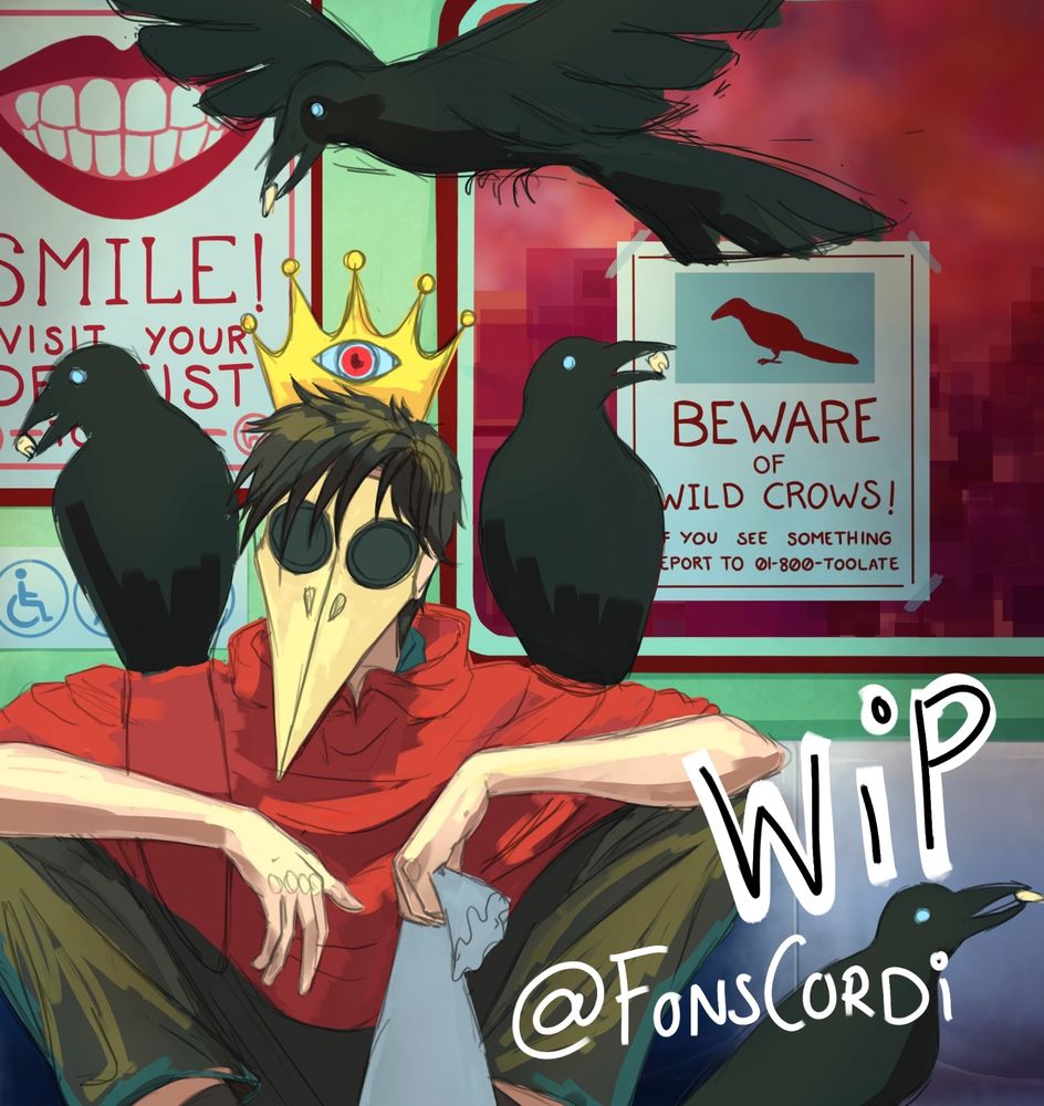 work in progress of a guy in a crow mask surrounded by crows inside a train