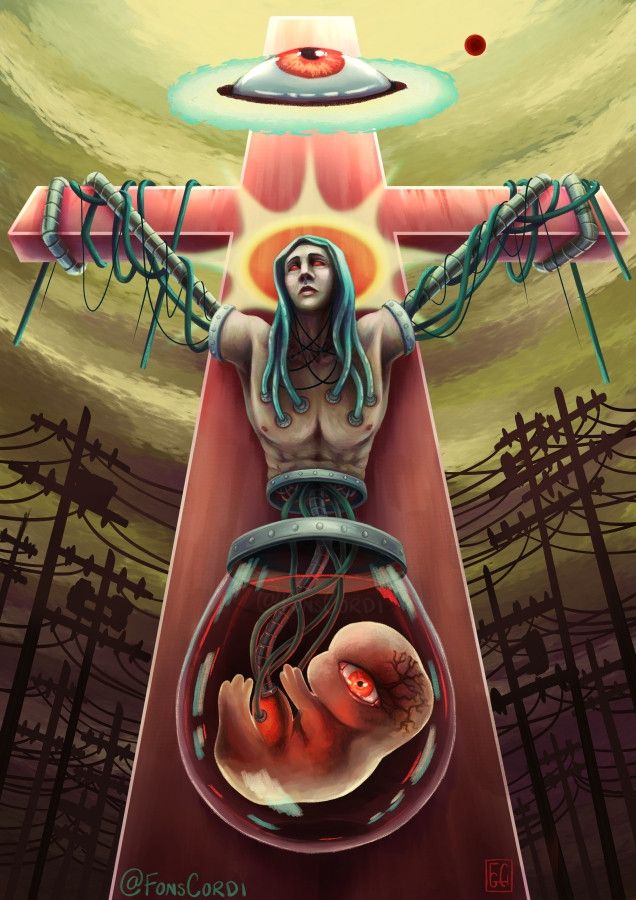 "The creation of the synthetic messiah"
And if the ancient Gods fail us, we will create our own, with our own morals, and our own ideas of divinity. 
_______
A humanoid creature is in the center of the image, cables coming out of its body from where the arms are supposed to be, they tied it to a cross. Cables come from its stomach and conect to an artificial cristal womb below, where a deformed fetus with a glowing red eye is suspended in liquid. Is the depiction of an artificial god being created. In the background there's a stormy unnatural sky and electrical poles with twisted cables.