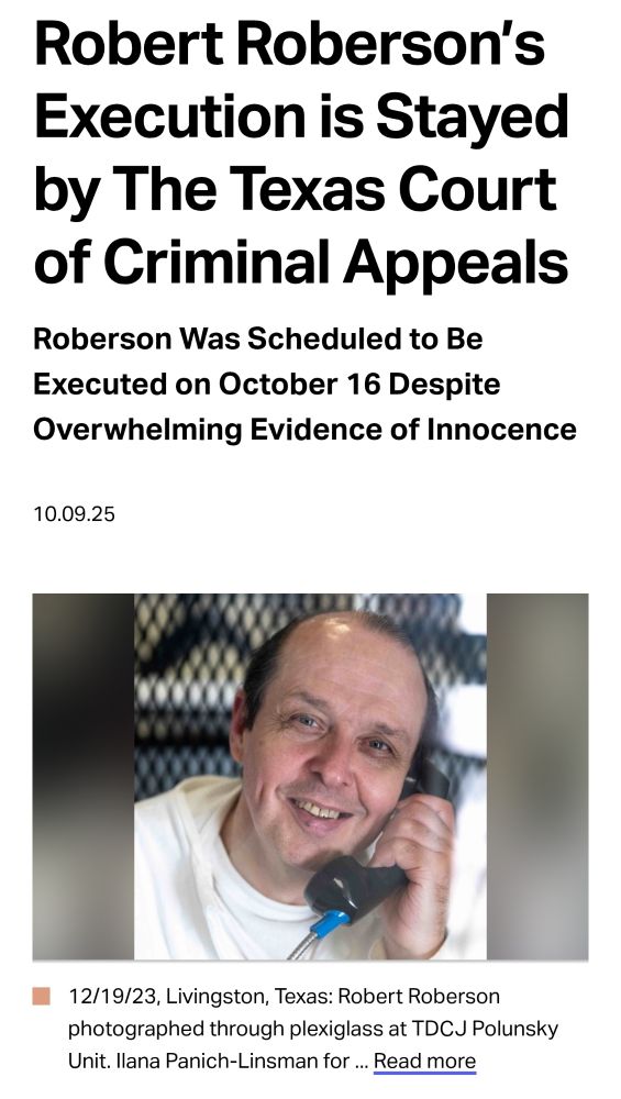 From the Innocence Project's website, headline reads "Robert Roberson’s Execution is Stayed by The Texas Court of Criminal Appeals: Roberson Was Scheduled to Be Executed on October 16 Despite Overwhelming Evidence of Innocence"