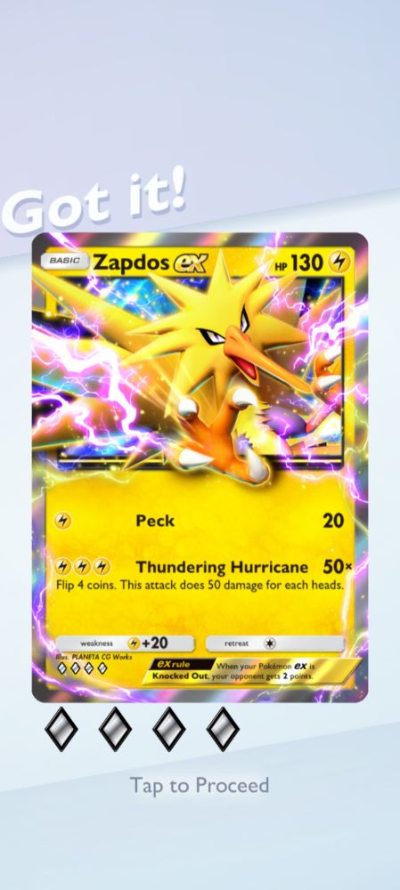 Screenshot of Zapdos EX a legendary electric type pokémon depicted mid flight surrounded by stormy sky. Bright yellow feathers with jagged black edges radiate electric energy while sharp talons and a fierce expression emphasize its power