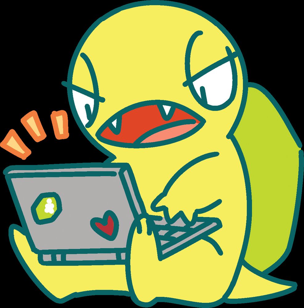 fangamer's lil mascot buddy "Fang", designed by Nina Matsumoto based on a wacky idea from Everdraed about "what if fangamer had a mascot and it was legally distinct Gamera, but his shell was the fangamer logo". so nina did that but made him cute. in this picture he's typing on a laptop... coincidentally just like you could be doing if you apply for our job posting?!