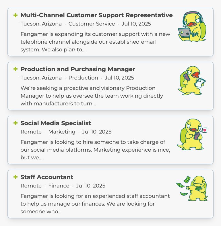 screenshot of the current fangamer job postings – customer service, production manager, social media specialist, and staff accountant. each has a unique fang mascot