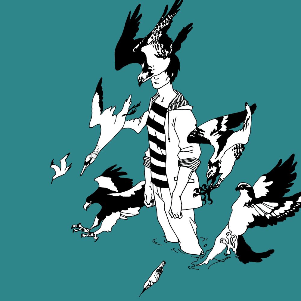 Dessin d'un homme avec des oiseaux autour de lui