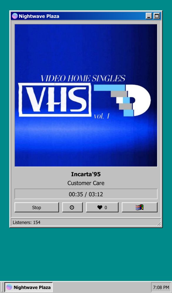A screenshot of nightwave plaza, a city hop and vapourwave radio app, playing customer care by Incarta 95. The album cover is very 80s and 90s in style, as well as the Microsoft Windows 95 theming