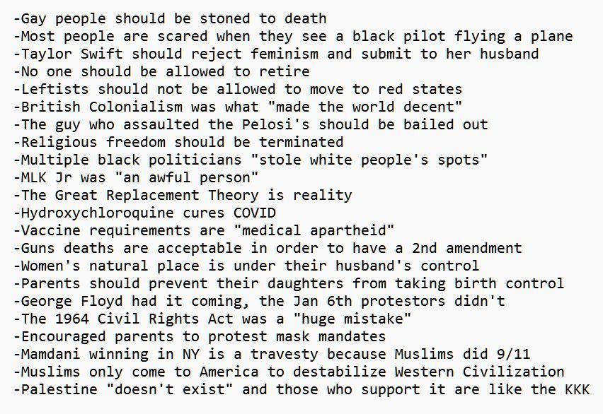 A list of things that charlie kirk has said, believed or done:

-Gay people should be stoned to death
-Most people are scared when they see a black pilot flying a plane
-Taylor Swift should reject feminism and submit to her husband
-No one should be allowed to retire
-Leftists should not be allowed to move to red states
-British Colonialism was what "made the world decent"
-The guy who assaulted the Pelosi's should be bailed out
-Religious freedom should be terminated
-Multiple black politicians "stole white people's spots"
-MLK Jr was "an awful person"
-The Great Replacement Theory is reality
-Hydroxychloroquine cures COVID
-Vaccine requirements are "medical apartheid"
-Guns deaths are acceptable in order to have a 2nd amendment
-Women's natural place is under their husband's control
-Parents should prevent their daughters from taking birth control
-George Floyd had it coming, the Jan 6th protestors didn't
-The 1964 Civil Rights Act was a "huge mistake"
-Encouraged parents to protest mask mandates
-Mamdani winning in NY is a travesty because Muslims did 9/11
-Muslims only come to America to destabilize Western Civilization
-Palestine "doesn't exist" and those who support it are like the KKK