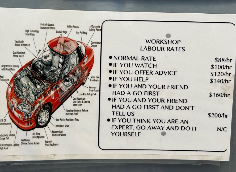 Workshop Labor Rates. Normal Rate $88/hour, if you watch $100/hour, if you offer advice $120/hour, if you help $140/hour, if you and your friend had a go first $160/hour, if you and your friend had a go first and don’t tell us $200/hour, if you think you are an expert, go away and do it yourself.