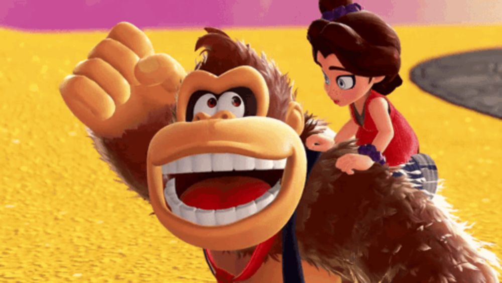 a girl is riding on the back of a cartoon monkey