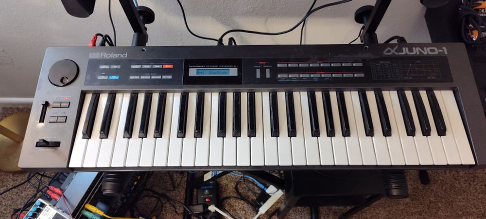 A photo of my Roland Alpha Juno-1, a vintage analog polysynth from the mid-1980s.