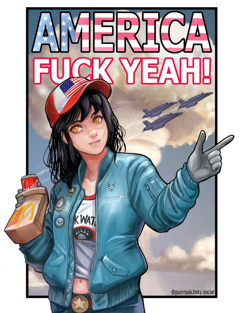 Yoru from the Chainsaw man manga, wearing a flight jacket with several patches of American military services and weapons manufacturers. She is holding fast food bag and there is a atomic cloud behind her.  The words America Fuck Yeah appear behind her. 