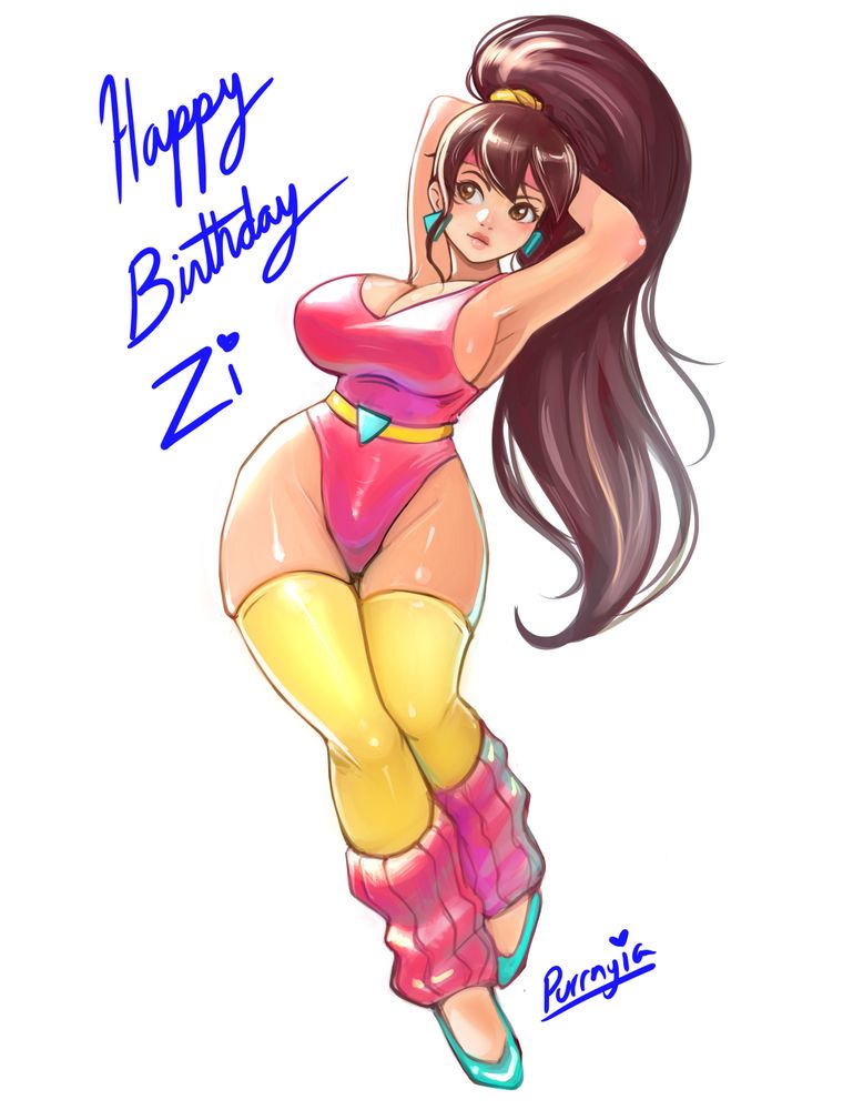 Fanart of Zi's character (who busty lday with a big ponytail) in an 80s pink leotard, wearing thigh highs and leg warmers. 
