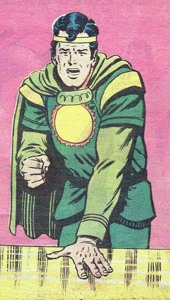 Retro-futurist Jor-El with a cape, a circlet on his head, and a big sun emblem on his tunic