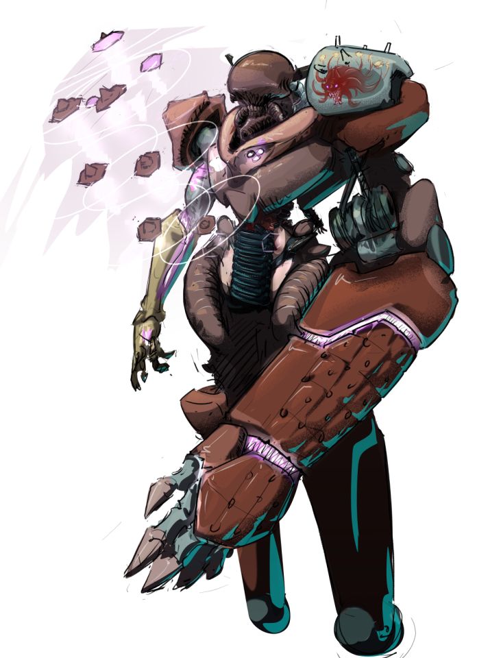 A cyborg woman with a combat loadout, consisting of one oversized grabby-smash arm and teleporter drones.