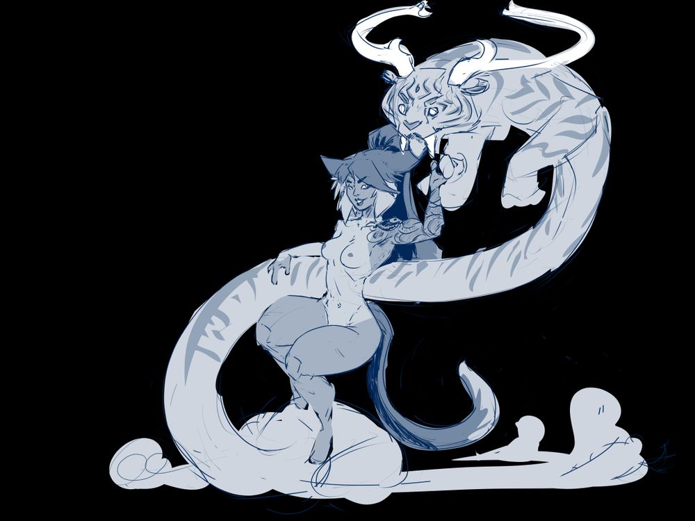 A ca girl lounged against a spirit tiger, wearing nothing but a smile. Clear tan lines are visible.