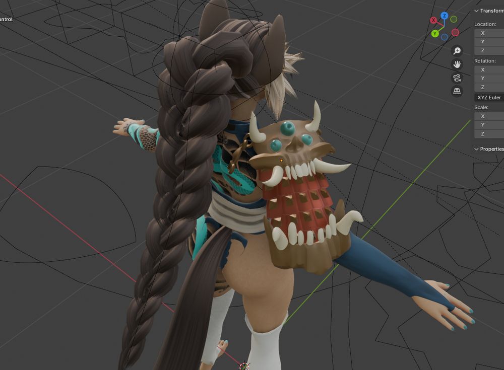 Work in Progress 3D render of a catgirl, seen from over her left shoulder. A large braid has been added, as well as some simple clothing. And a fangly piece of armor worn on her shoulder.