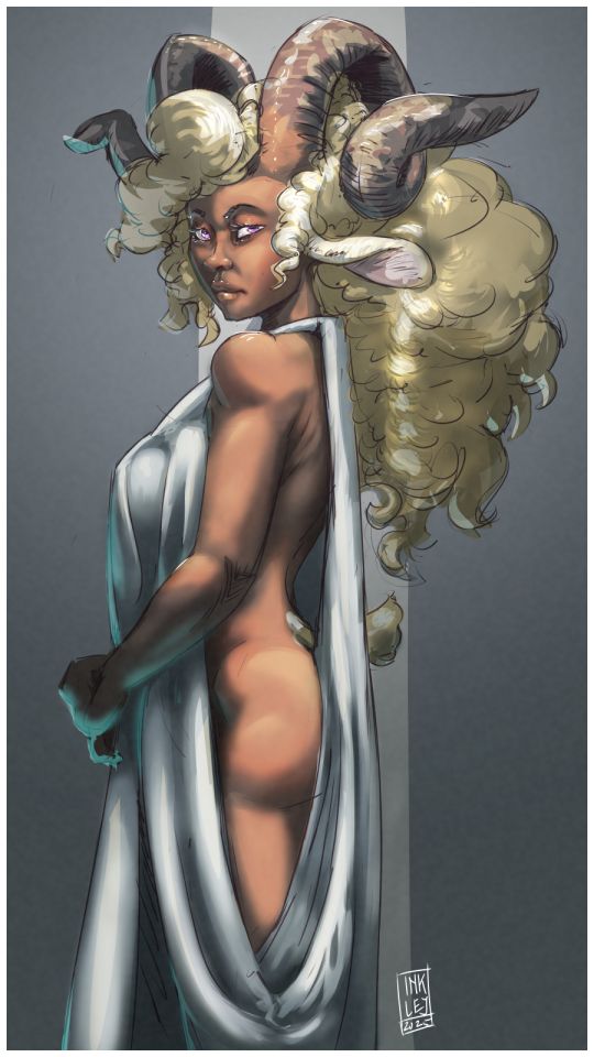 A goat girl draped in a curtain like dress.