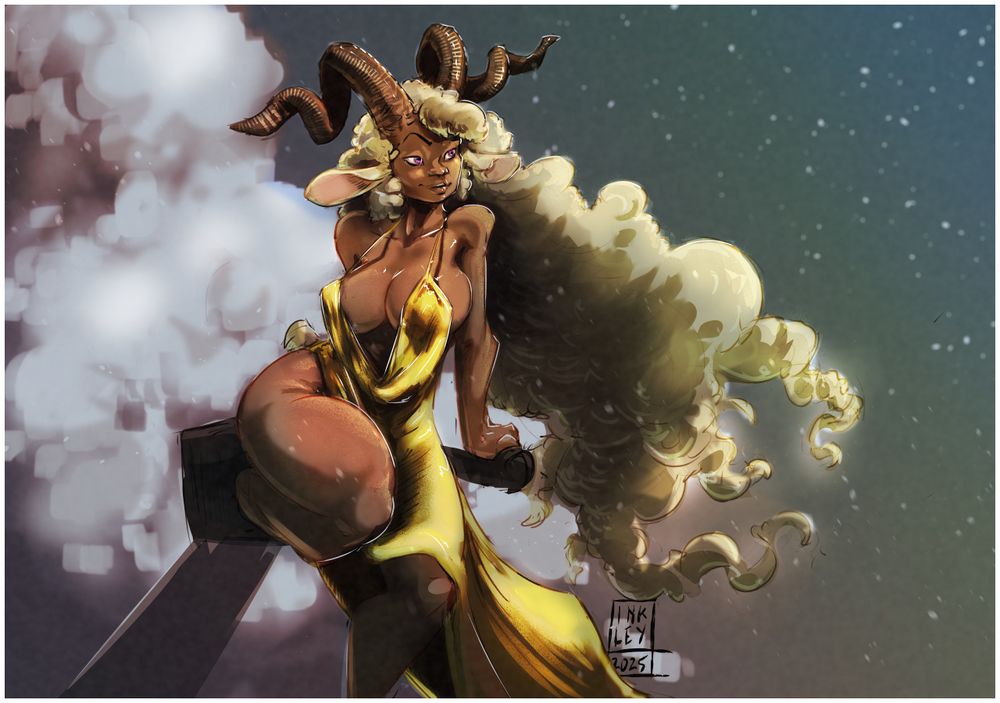 A goat girl sitting in the clouds, wearing a slinky golden dress.
