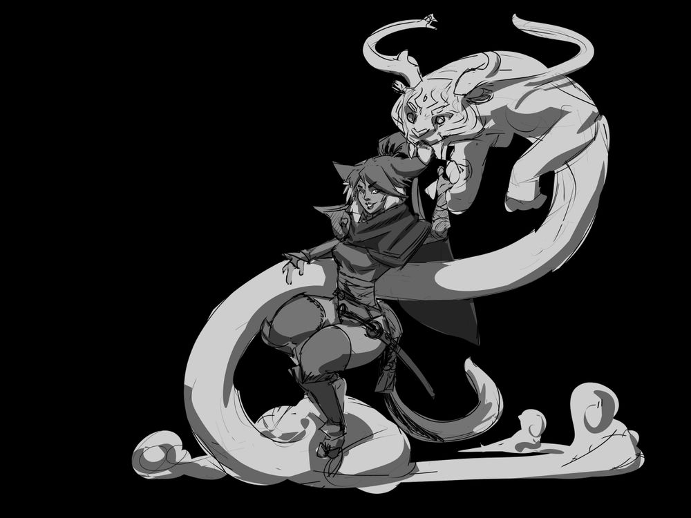 Sketch of a catgirl lounging against a tiger dragon spirit thing.
