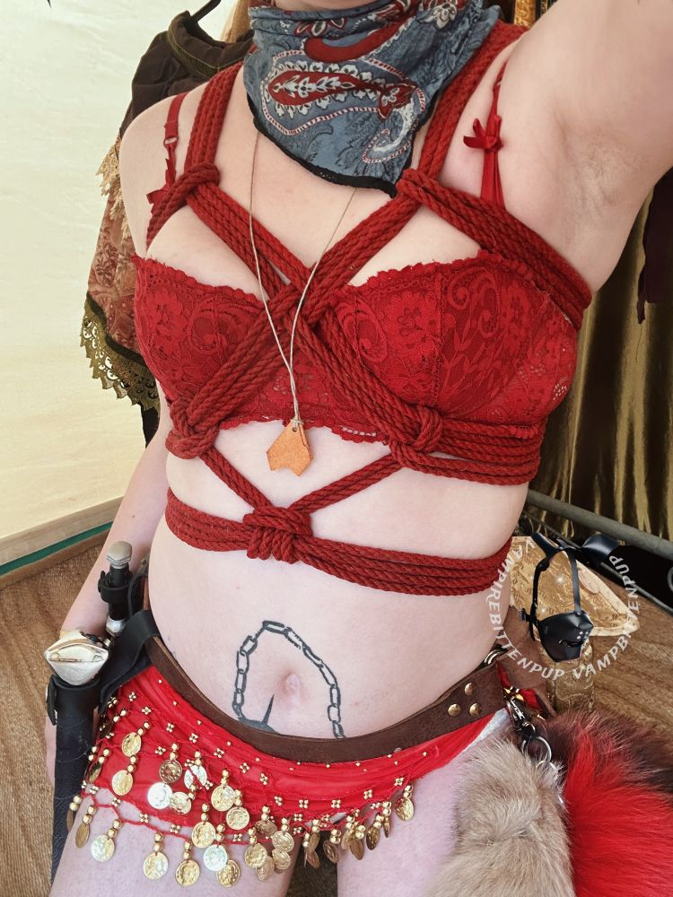 image of bingo bitten’s torso, kneeling inside a sunlit tent. he’s wearing a red lacy half-cup bra, a butterfly harness tied on top with red hemp rope, a red and gold jingley sash tied around his waist, a leather belt layered over, with multiple fox tails, a dagger, and flogger attached. a blue and red bandana wraps around his neck, and a large black mace tattoo around his bellybutton