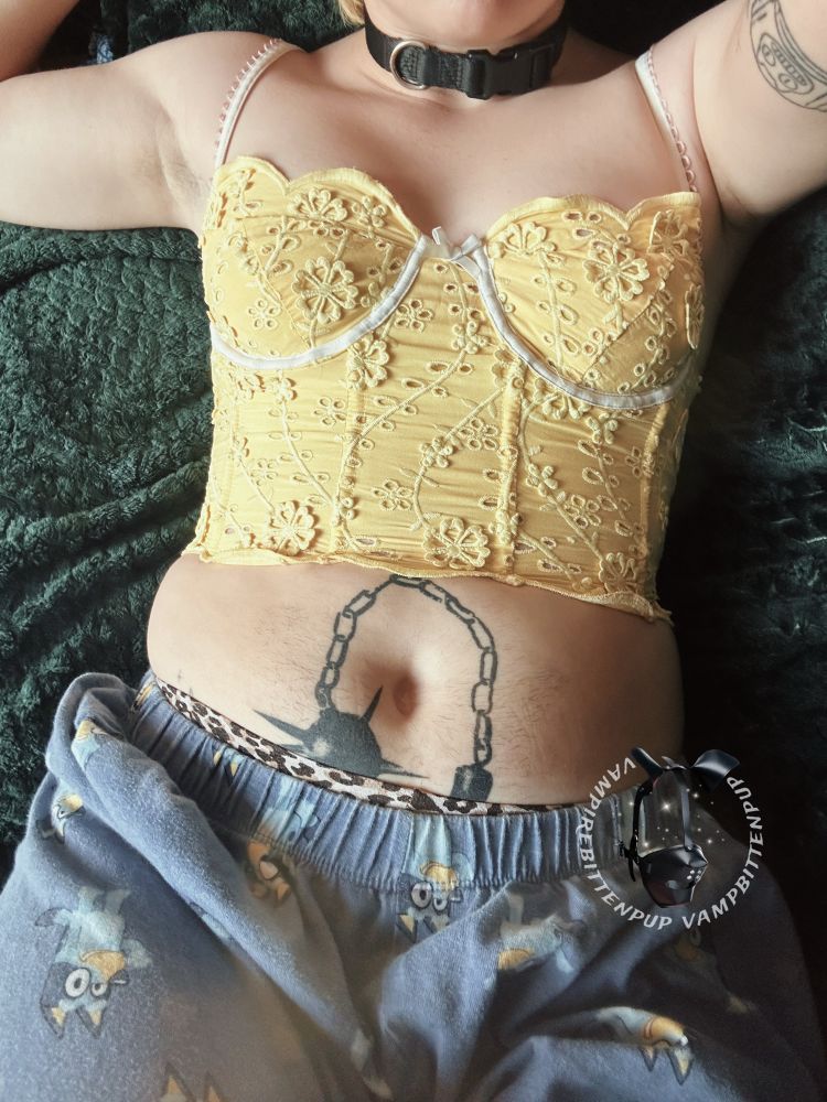 image of bingo bitten’s torso, laying back on a lush green blanket. he’s wearing a yellow floral lace cropped corset top, leopard print panties, and bluey pajama pants, tattooed, furry tummy squished in between