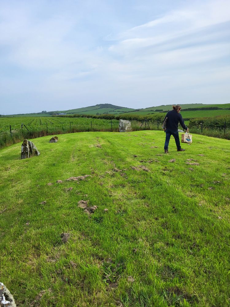A small grassy cairn and a man, Liam McQuillan, running around with carrier bags of demonstration slides !
