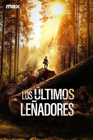Portada de “Los últimos leñadores”. Bosque oscuro con rayos de luz entrando desde el fondo (centro). En el medio, un hombre de espaldas subido a un tronco gigante talado. 