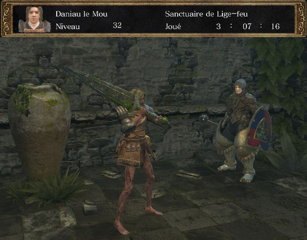 Daniau le Mou, arborant fièrement une épée colossale en pierre. (Mon avatar du moment sur Dark Souls aléatoirisé pour la troisième run.)