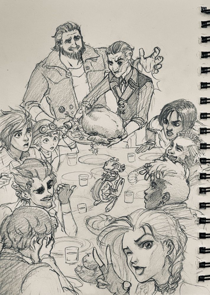 Vander, Silco, Sevika, Benzo, Ekko, Jinx, Claggor, Mylo, Vi, and Isha sit around the table at Thanksgiving. Silco is serving a turkey, Vandar slaps him on the back, the turkey slides off the plate. 