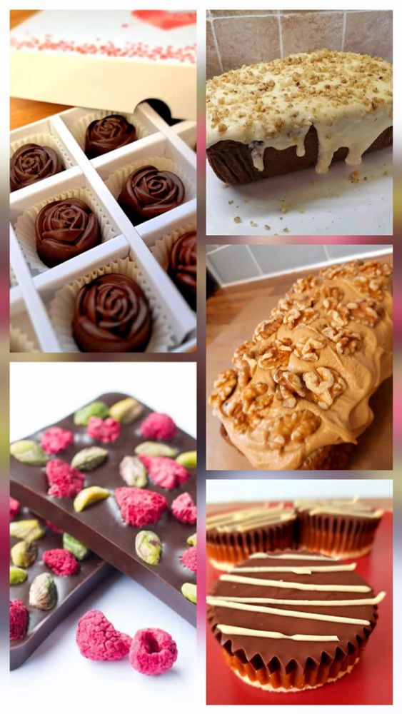 
A collage of photos of vegan cakes, biscuits and chocolates made by Annie's Vegan Treats