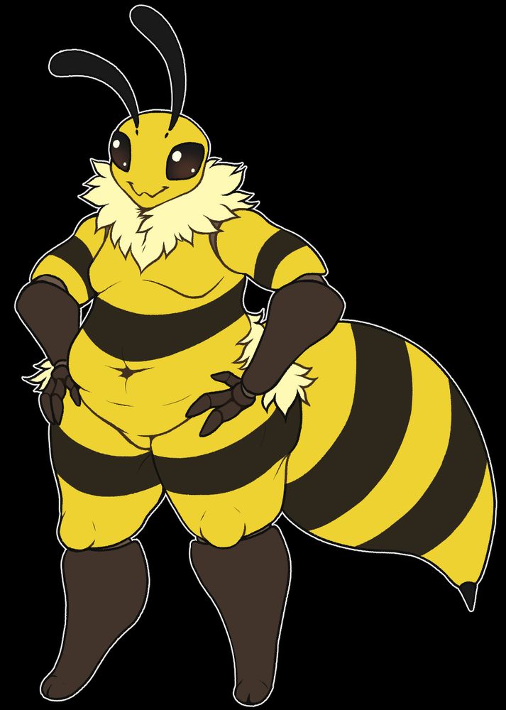 a chubby, anthropomorphic bee stands with hands on hips