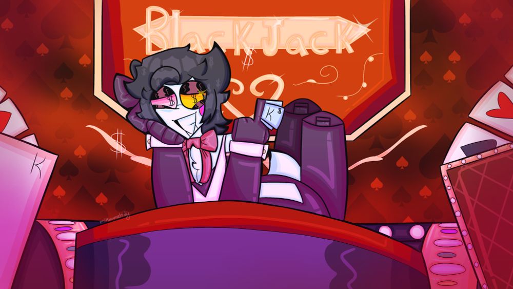 Puppet Spamton in the Project Diva music video "Blackjack" by yuchaP. He’s in the casino in the music video, laying on his stomach with his feet up on the Blackjack table in the center. There’s a big golden "BlackJack" sign behind him. He’s holding a few blue dollar bills that have a "K" on them, for Kromer. 