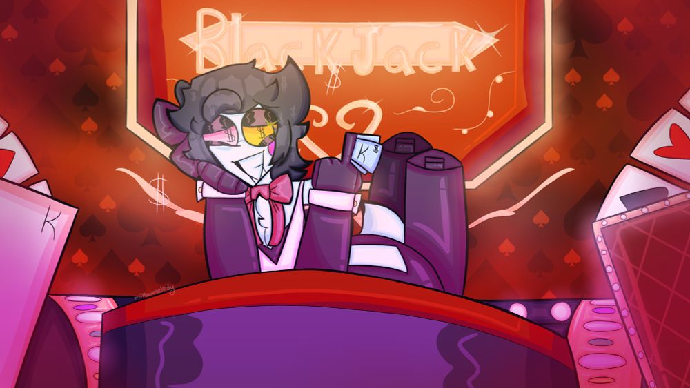 Puppet Spamton in the Project Diva music video "Blackjack" by yuchaP. He’s in the casino in the music video, laying on his stomach with his feet up on the Blackjack table in the center. There’s a big golden "BlackJack" sign behind him. He’s holding a few blue dollar bills that have a "K" on them, for Kromer. 