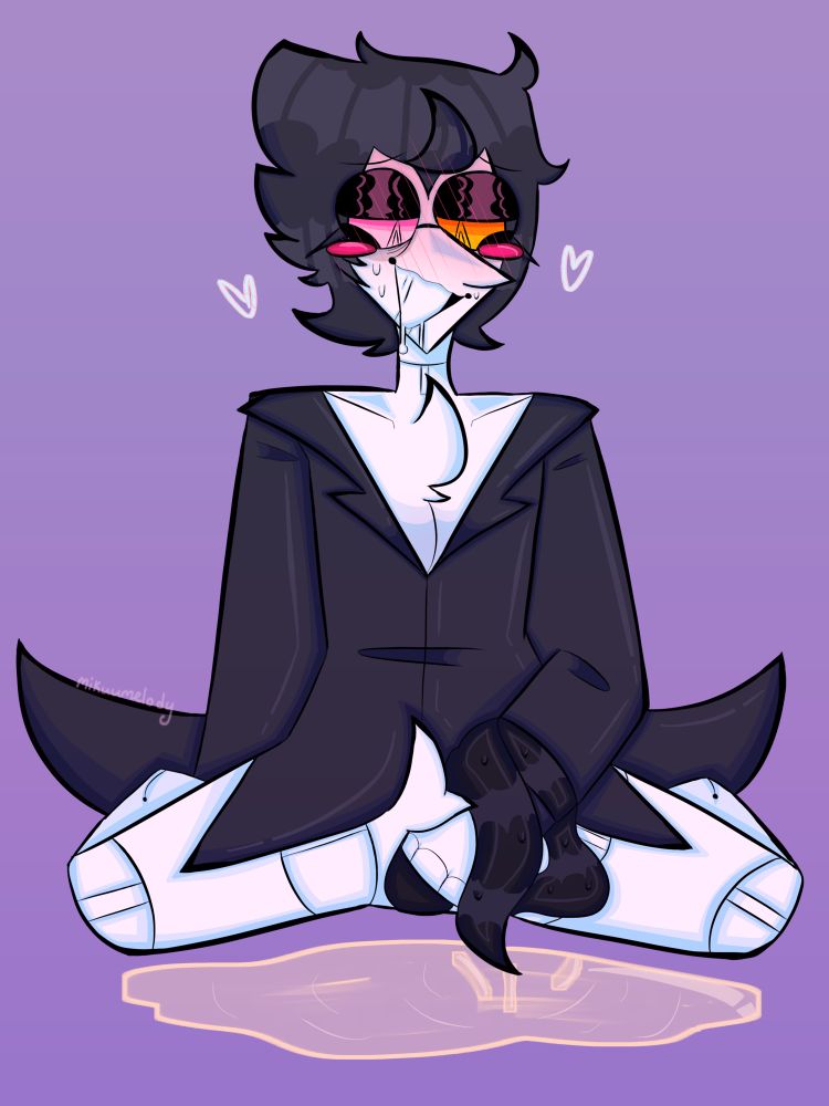 Puppet Spamton sitting on the ground and pissing. His tentacle dick is wrapped around his wrist.