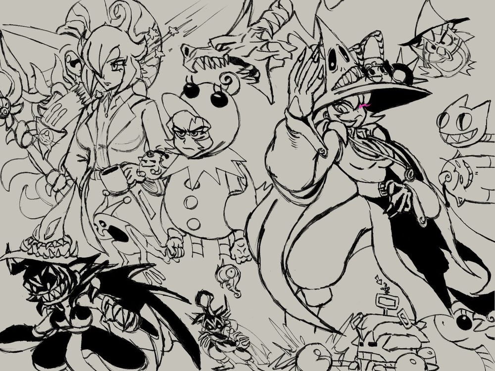 Multiple different doodles of Tessa/Tabasa from  Red Earth/Warzard. Taking elements not just from the original game but many of her forms, attacks and poses from Super Gem Fighter Mini Mix as well as a little bit of SVC chaos. This includes her Duck costume, giant mech, dragon form, penguin form, duck costume, firework cat, genie and even a tiny May-Lee and Hydron. 