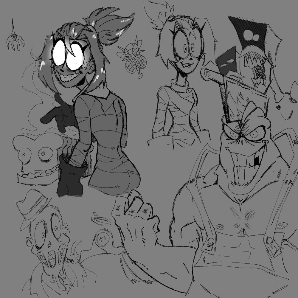 Assorted sketches of Mel, Ken the Butcher, Breadhead, and Mud from the Glitch Productions pilot The Gaslight District. Included is also doodles of the generic Rotlings, Litterbug, Angels and Blackhand symbol.