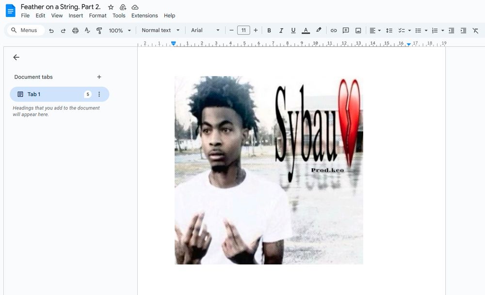 A photo of a Google docs word document titled "Feather on a String. Part 2.", with the only content shown being an image captioned "Sybau 💔"