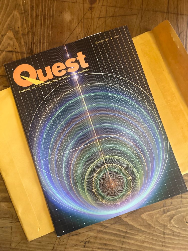 The cover of the summer 2025 issue of quest, the journal of the theosophical Society in America. The cover images of a geometrically complex shape, composed of light in the dark void.