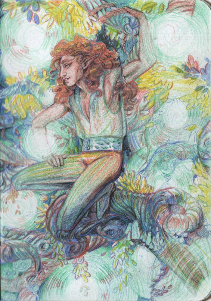 A coloured pencil drawing of Artagan (also known as The Traveler) from Critical Role. He crouches on the twisted branches of a tree, and holds himself steady with one hand on a branch above him. His other hand rests on his thigh. He looks to the side of the viewer, so that his face is shown in profile. He grins happily to himself.

He wears a transparent, sleeveless shirt, with a deep V-neck. It's pale green and blue - probably depending on how the light hits it - and it has a subtle orange plant pattern. Around his waist is a thick blue belt with green drop shaped decoration. He wears slim fitting striped trousers that fade from orange to green to blue. His shoes (that are somehow seamlessly attached to his trousers) are pointed and heeled.

He is surrounded by floating pale green lights, yellow leaves and more twisted branches. There are many big knots and mushrooms on the tree.
A close up of the first image.