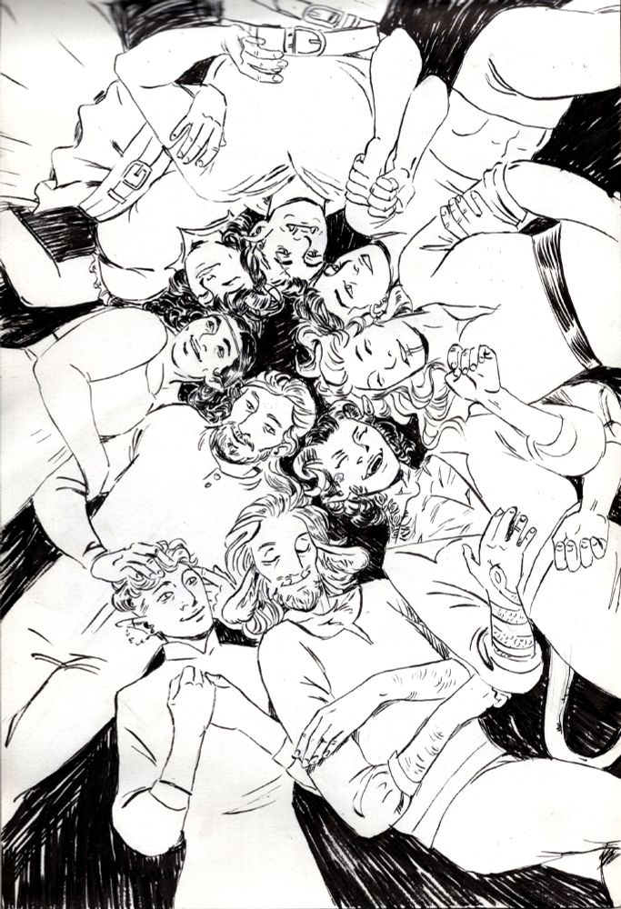 A black ink drawing of the Mighty Nein, from Critical Role. The nine of them are laying down, their heads together in the shape of a nine. From the middle going outward to the left is Caleb, who has Caduceus head on his shoulder, and Essek's head on his belly. His hand rests on Essek's head. To his left is Veth, who's lying on her side, her body facing Caleb, her arm hooked in Caleb's. She's looking to her left, at Jester. Jester smiles back at Veth, and is hooking arms with Fjord. Fjord is fist bumping Beau, Beau grins at Fjord and holds Yasha's arm. Yasha is laughing with Molly/Kingsley (not sure which yet), who's got his hand on her chest, palm up. Caduceus is to his left, and seems to be asleep, with a wide smile on his face. He leans against Essek, who looks up at Caleb, and clutches his hands to his chest.