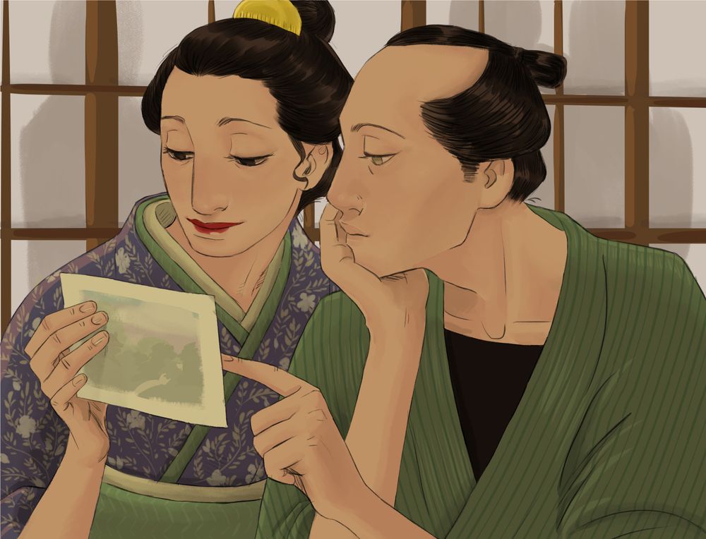 A digital drawing of Otake and Matsu from House of Five Leaves. They are shown from the side, both looking at an ukiyo-e print that Otake is holding. Matsu is resting his chin on his hand and points at something on the print. The image is visible from the backside, and it appears to be a landscape. The two look comfortable and calm. Otake wears a purple, green and beige kimono with a flowery pattern.
There is a shoji door behind them.