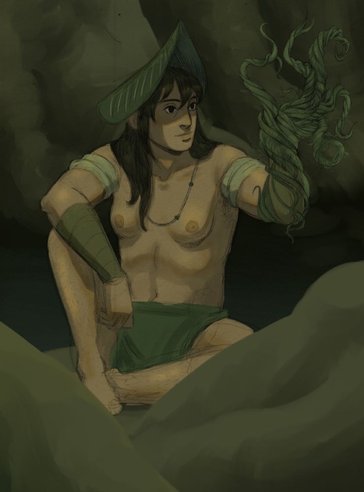 A digitally coloured grey pencil drawing of Yamato from Naruto. He's drawn as a water bender from the swamp tribes, with a leaf hat and a green loin cloth and all. He looks with a soft smile at his left arm, which is enveloped by vines, and he bends them to look like a big wriggly hand. He sits on top of thick roots of massive trees. There's a small body of water or river behind him and a row of huge trees. 