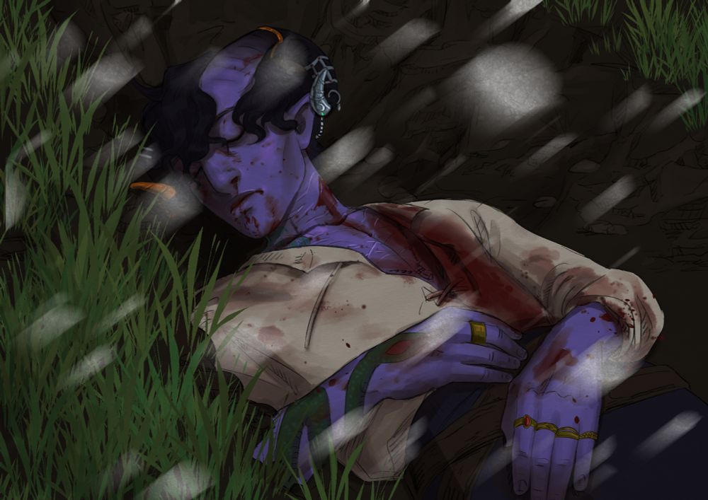 A digital drawing of Molly from Critical Role. He's shown from the waist up, laying in a hole in the ground, dead. He's covered in blood, his chest in particular, where there's also a big rip in his shirt. He's not wearing his colourful coat. It's snowing, but none of it has settled yet