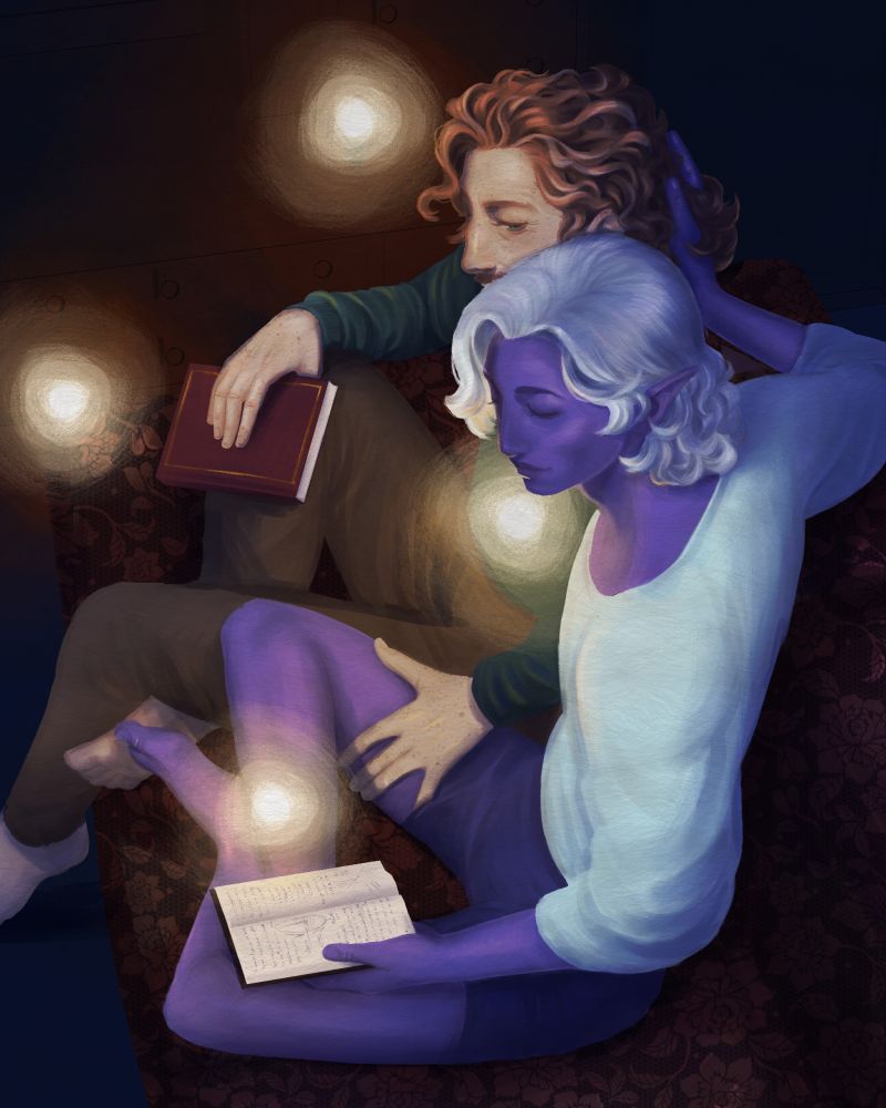 The uncropped version of the previously described drawing. Essek and caleb are sitting on a dark coloured couch with a lighter flower pattern together. Essek is wearing a white shirt with a wide neckline and long puffy sleeves, and dark blue boxer shorts. Caleb wears a green, long sleeved sweater and comfortable brown trousers. Both are barefeet. Essek is sitting cross legged and Caleb has one foot on the ground and the other tucked underneath his other leg. He has one hand draped over his pulled up knee, in which he holds a closed book and the other rests on Essek's thigh, with one pinky finger sliding underneath the shorts. Essek rests one arm on the backrest of the couch, so that he can play with Caleb's hair. In the other hand he holds an open book, on which he appears to be reading, despite Caleb's distraction.