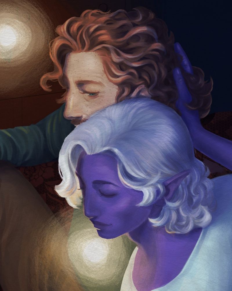 A cropped digital drawing of Caleb and Essek from Critical Role. The two are sitting next to each other, in a dark space but surrounded by dancing lights. Essek has his hand in Caleb's hair, and smiles softly, but is focusing on something in front of him. Caleb's face is only half visible, but his eyes are on Essek and they are smiling. He has freckles and wrinkles and his wavy hair hair is streaked with grey.