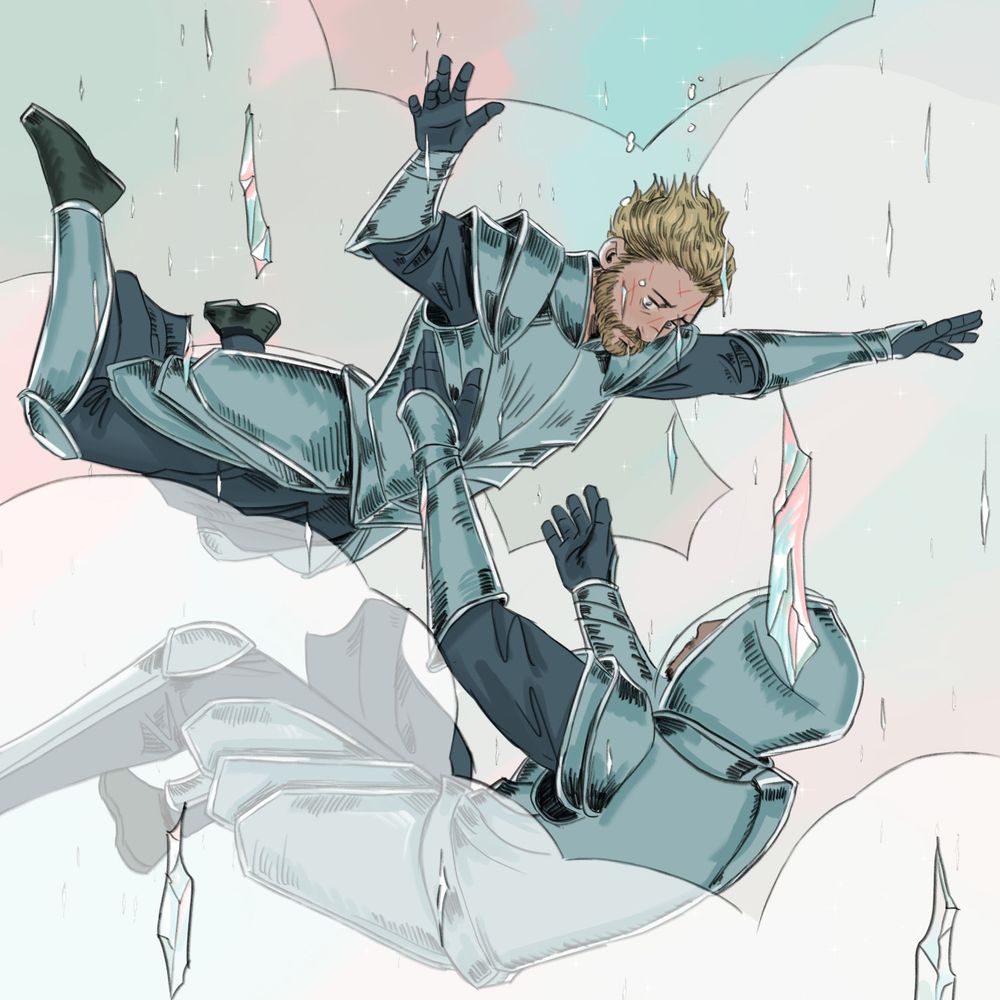 A digital full colour drawing of Phineas Thatch and Jonas Spahr from Midst. They are both in free fall, surrounded by clouds and small shards of mica; Phineas face down with his arms and legs spread wide and Jonas facing Phineas. Jonas has his arms outstretched toward Phineas, as if motioning for him to come closer. Phineas looks at Jonas with wide and tearful eyes. He is not wearing a helmet and has a lot of little scratches on his face. Jonas' face is not visible.