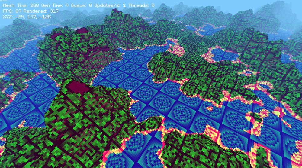 a screenshot of my voxel game, the terrain is covered in weird swirly patterns