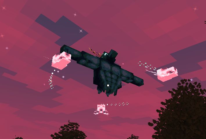 A flying buff deer with glowing eyes and 3 rotating skulls
