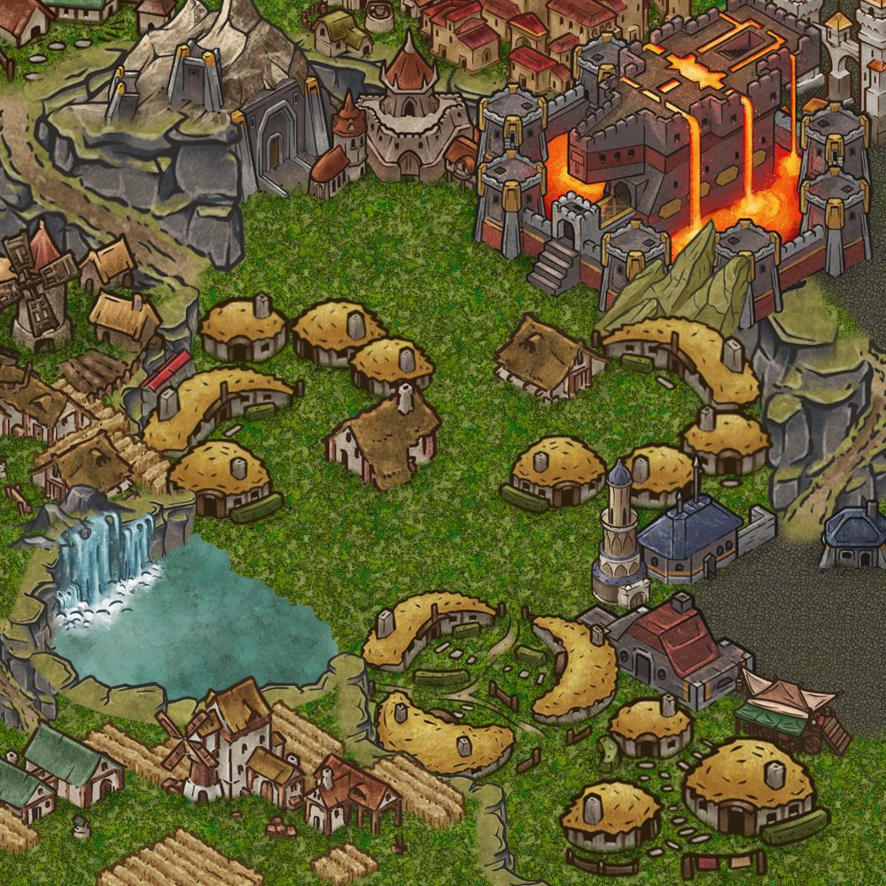 TTRPG small regional map that I made ages ago for a one shot campaign.
the foreground includes sod house village, background is the city part with fortresses and brick building, surrounding perimeter is farms 